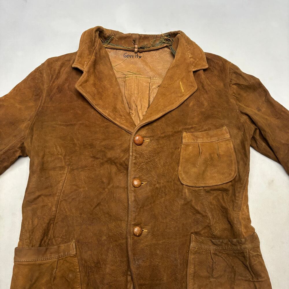 Vintage 30s Buckskin Chore Sports Coat Leather Jacket Mens 19.5x26 Western Retro - Picture 2 of 16